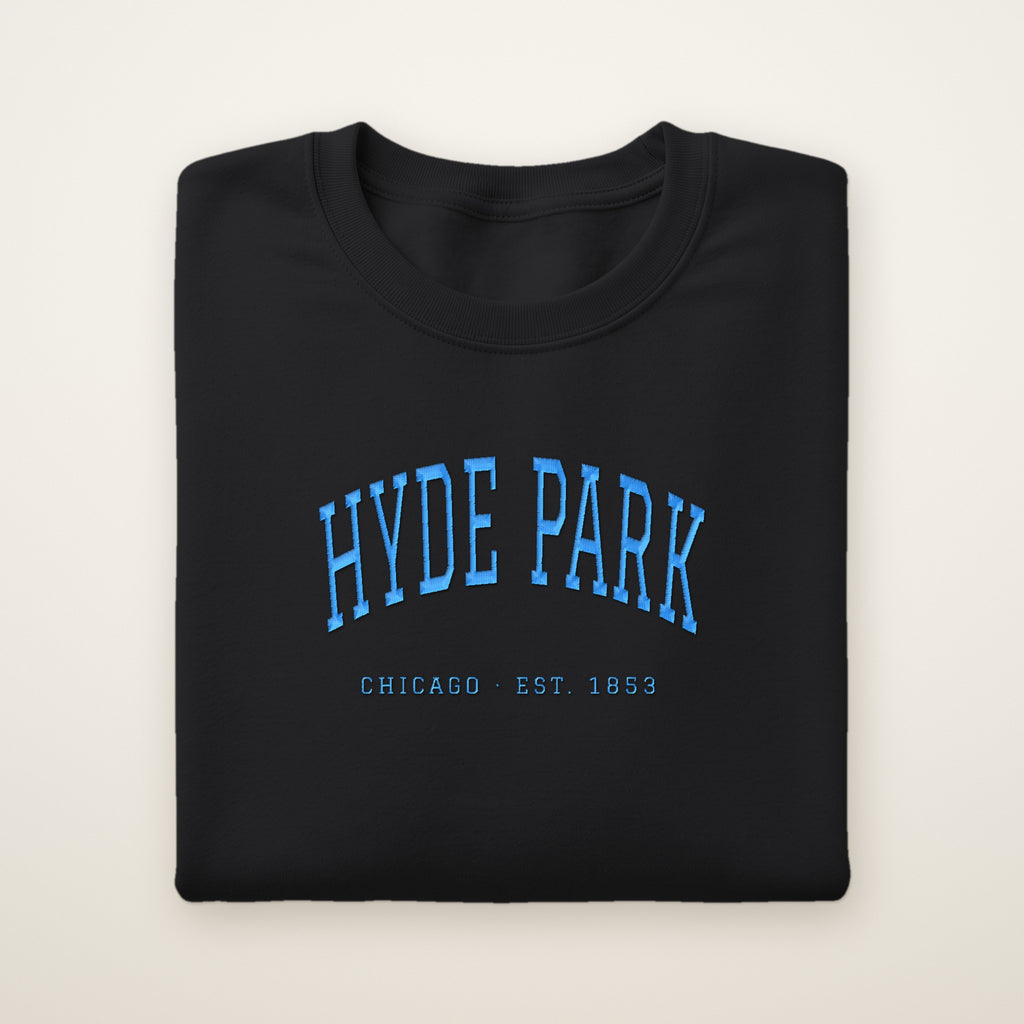 Hyde Park Chicago embroidered crewneck sweatshirt, Black, sky blue embroidery