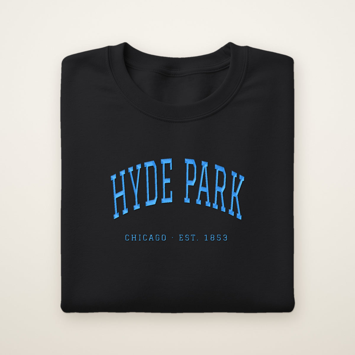 Hyde Park Chicago embroidered crewneck sweatshirt, Black, sky blue embroidery