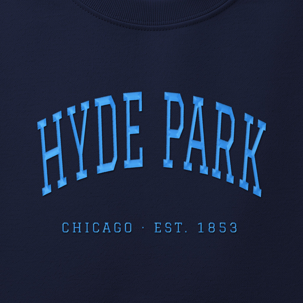 Close-up of sky blue satin-stitch Hyde Park embroidery