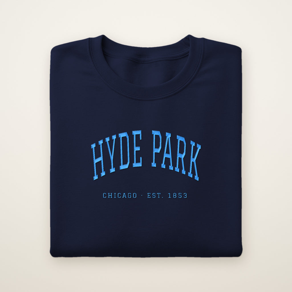 Hyde Park Chicago embroidered crewneck sweatshirt, Navy, sky blue embroidery