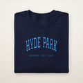 Hyde Park Chicago embroidered crewneck sweatshirt, Navy, sky blue embroidery