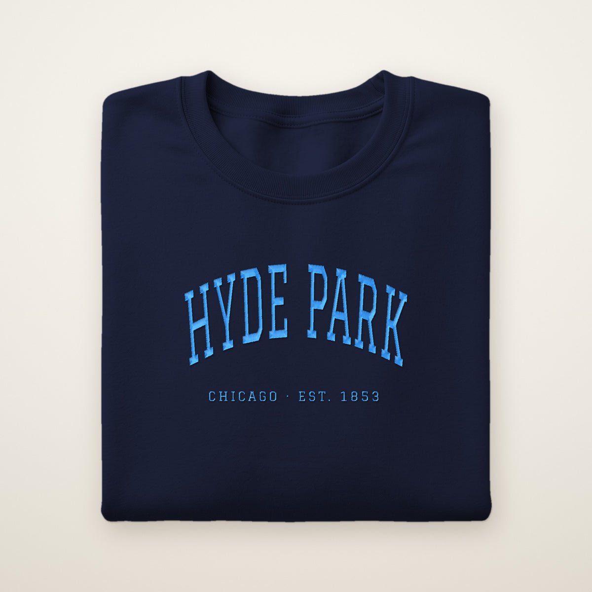 Hyde Park Chicago embroidered crewneck sweatshirt, Navy, sky blue embroidery