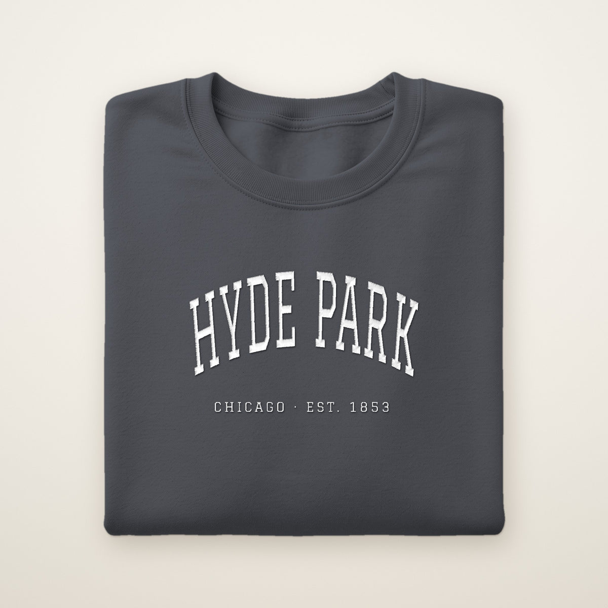 Hyde Park Chicago embroidered crewneck sweatshirt, Dark Heather, white embroidery