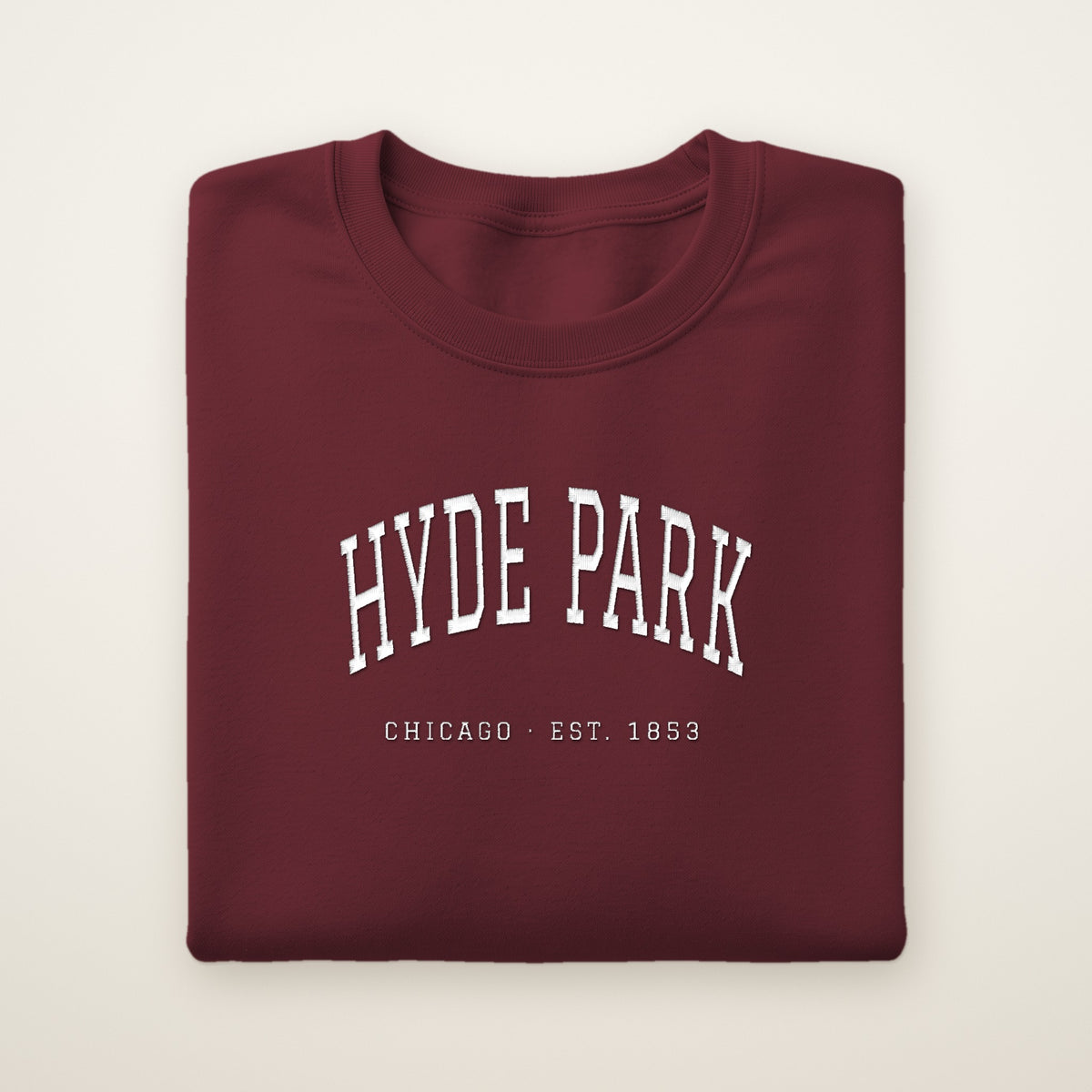 Hyde Park Chicago embroidered crewneck sweatshirt, Maroon, white embroidery