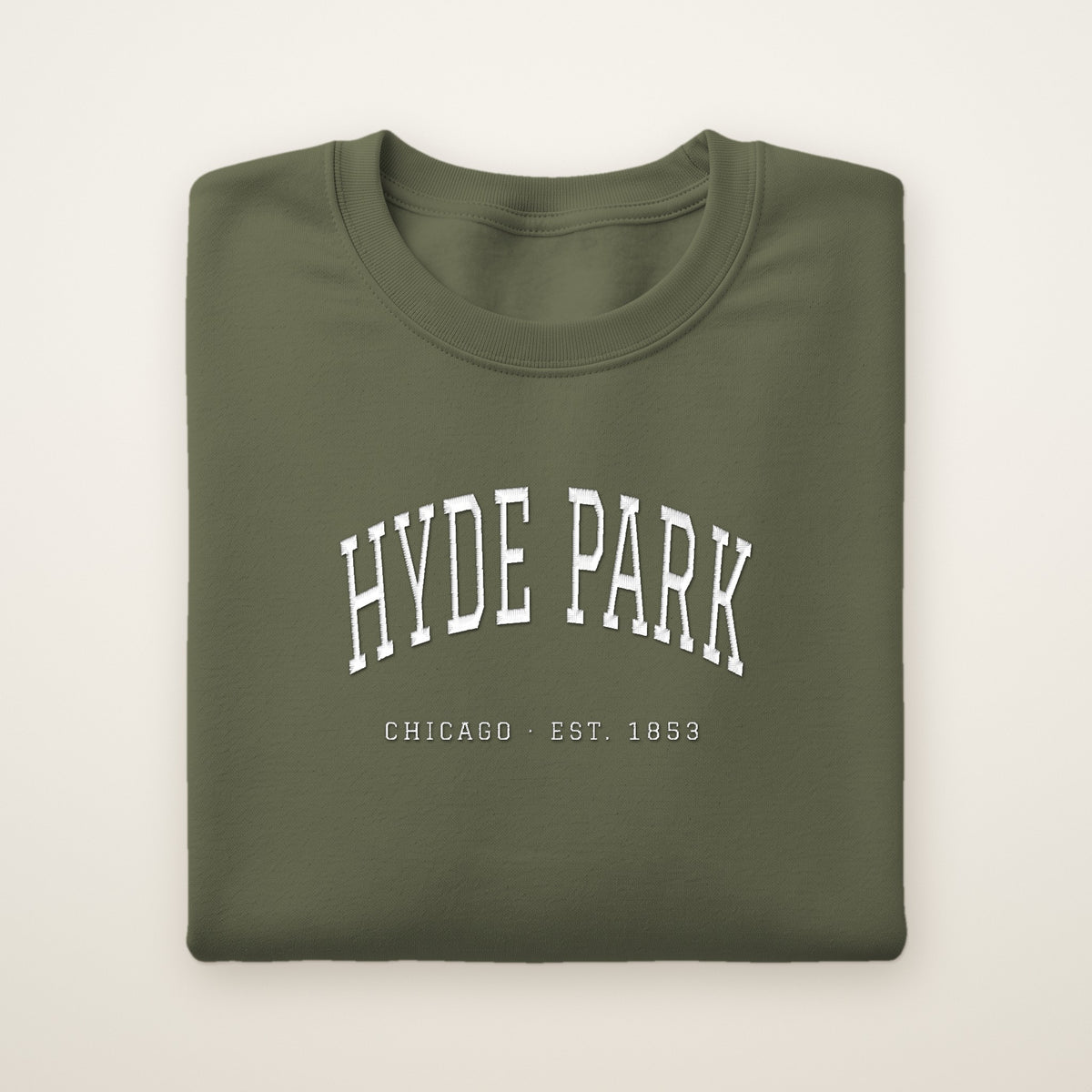Hyde Park Chicago embroidered crewneck sweatshirt, Military Green, white embroidery