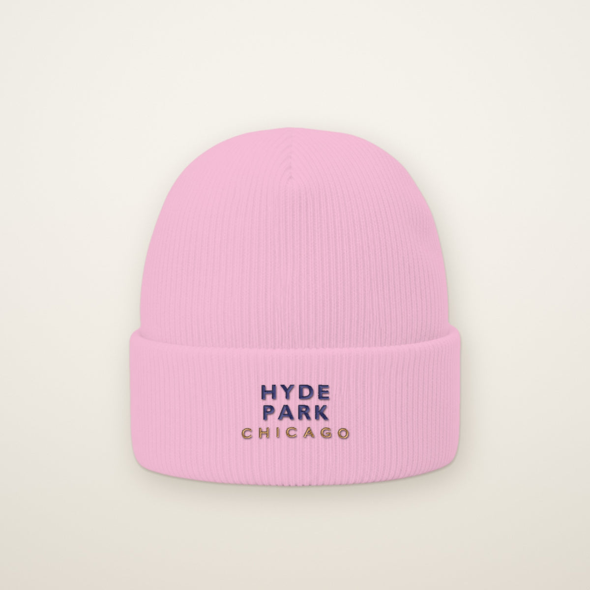 Hyde Park Chicago Embroidered Cuffed Beanie, Navy Thread, Baby Pink