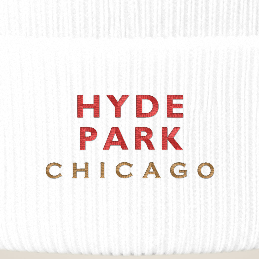 Hyde Park Chicago embroidery close-up in red and old gold thread