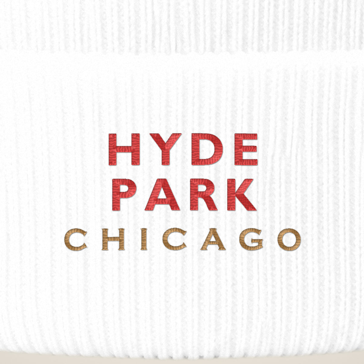 Hyde Park Chicago embroidery close-up in red and old gold thread