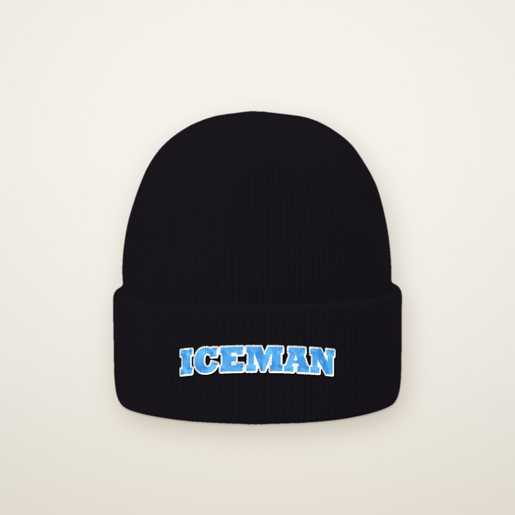 Iceman Embroidered Cuffed Beanie in Black, flat lay on ivory