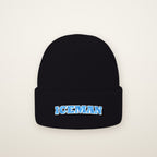 Iceman Embroidered Cuffed Beanie in Black, flat lay on ivory