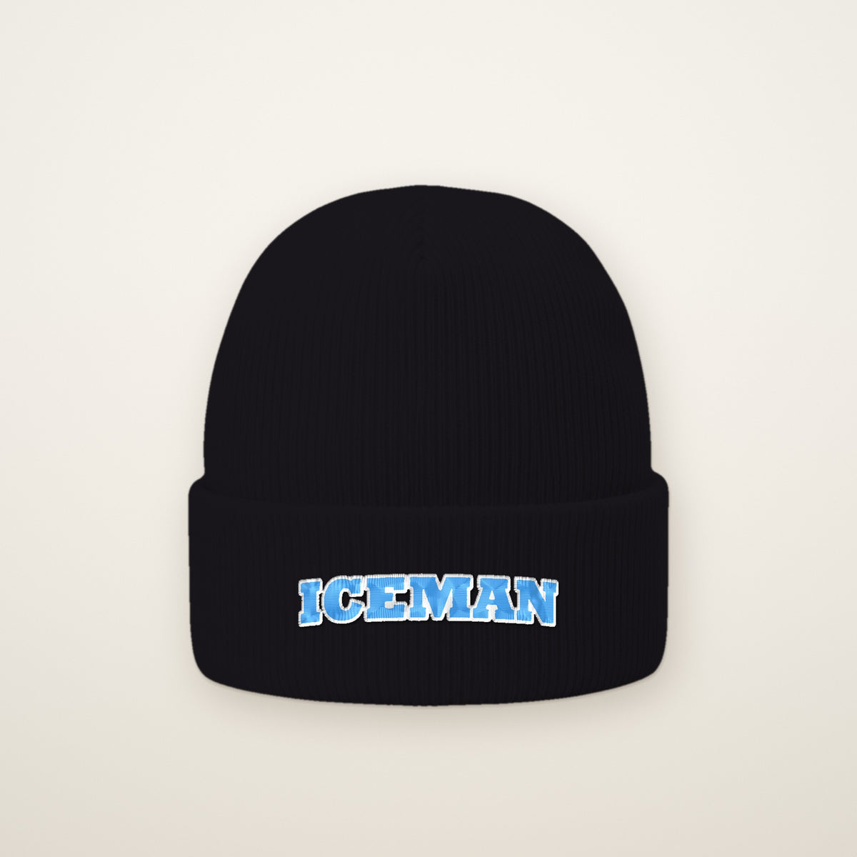 Iceman Embroidered Cuffed Beanie in Black, flat lay on ivory
