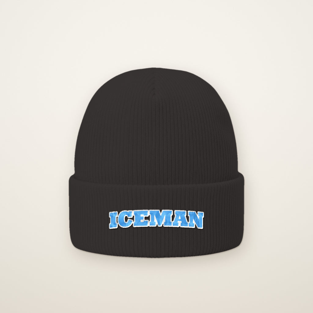 Iceman Embroidered Cuffed Beanie in Dark Grey, flat lay on ivory