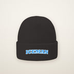 Iceman Embroidered Cuffed Beanie in Dark Grey, flat lay on ivory