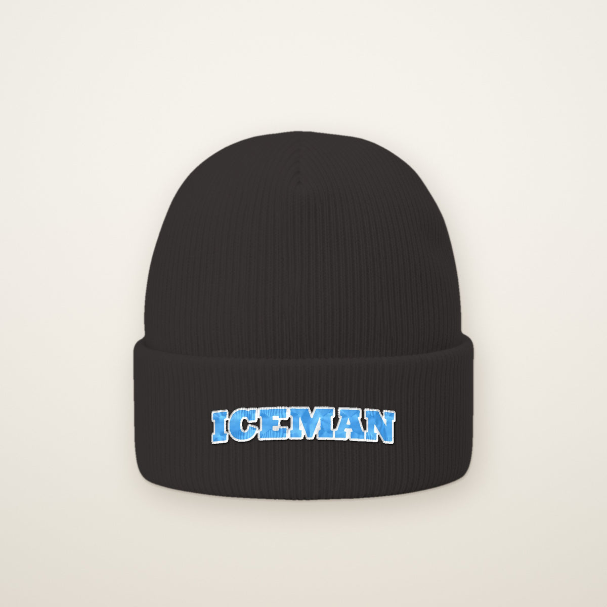 Iceman Embroidered Cuffed Beanie in Dark Grey, flat lay on ivory
