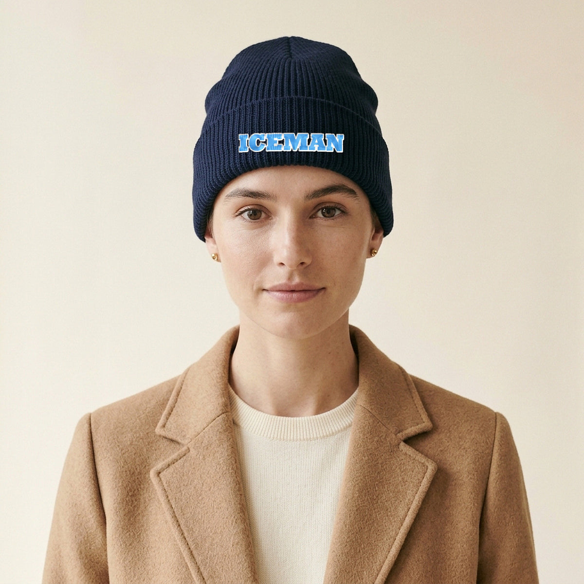 Model wearing the Iceman Embroidered Cuffed Beanie in Navy