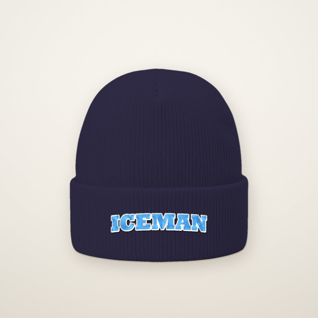 Iceman Embroidered Cuffed Beanie in Navy, flat lay on ivory