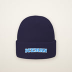 Iceman Embroidered Cuffed Beanie in Navy, flat lay on ivory
