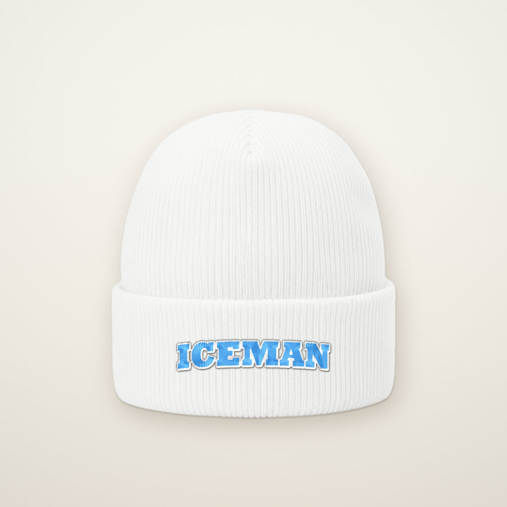 Iceman Embroidered Cuffed Beanie in White, flat lay on ivory