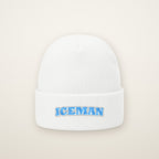 Iceman Embroidered Cuffed Beanie in White, flat lay on ivory