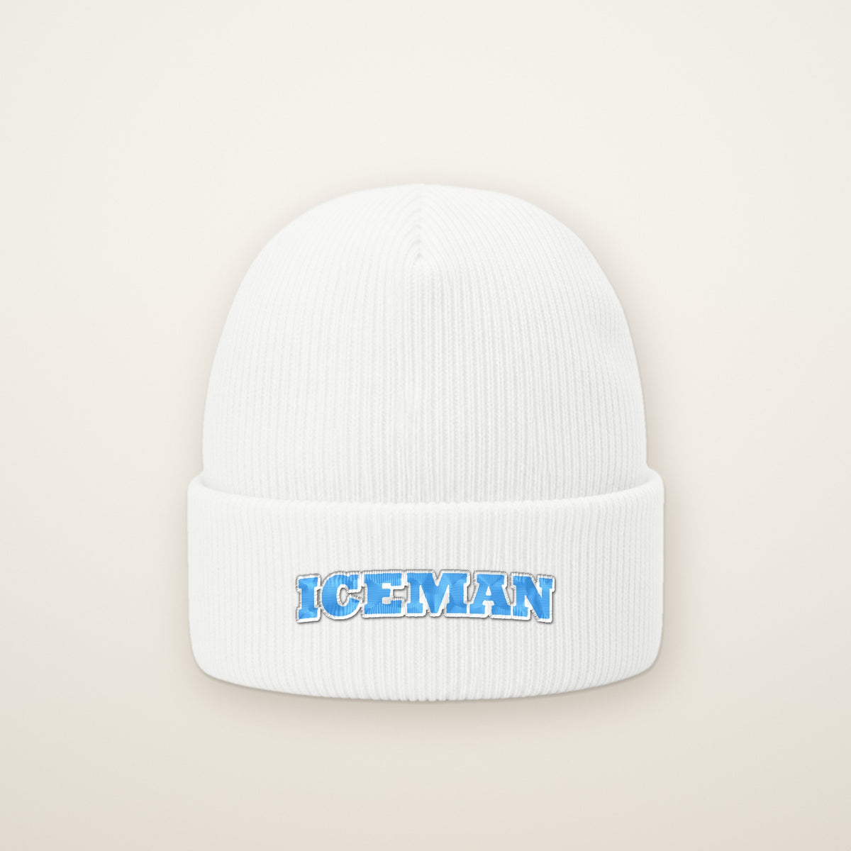 Iceman Embroidered Cuffed Beanie in White, flat lay on ivory