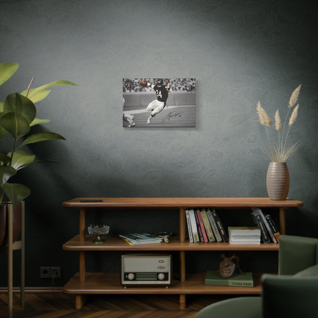 Walter Payton #34 Sweetness canvas wall art, medium size on a green wall above a wooden bookshelf