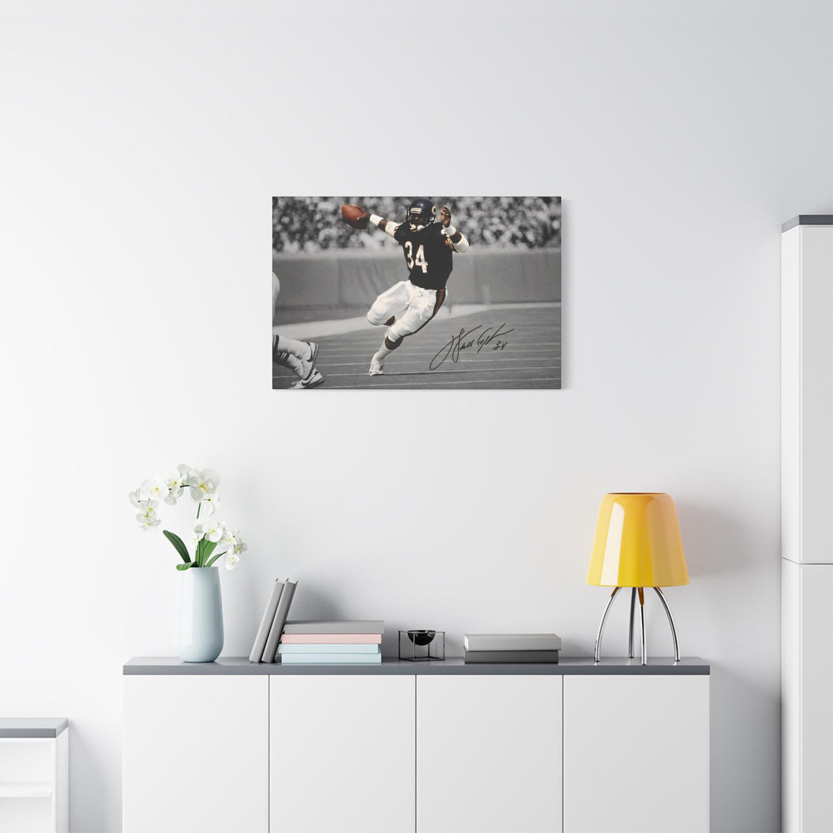 Walter Payton #34 Sweetness canvas wall art, medium size on a white wall above a sideboard