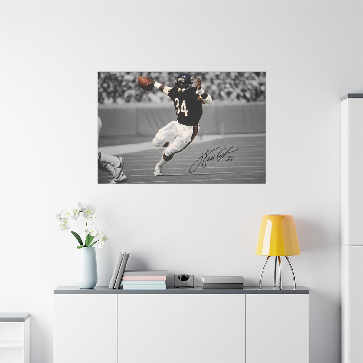 Walter Payton #34 Sweetness canvas wall art, large size on a white wall above a sideboard