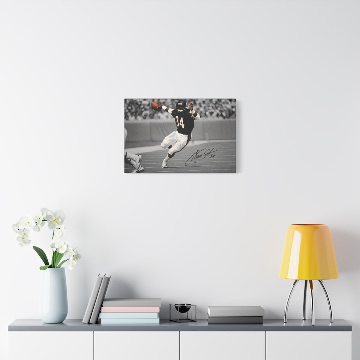 Walter Payton #34 Sweetness canvas wall art, small size on a white wall above a sideboard