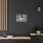 Walter Payton #34 Sweetness canvas wall art, small size on a charcoal wall with wood slats