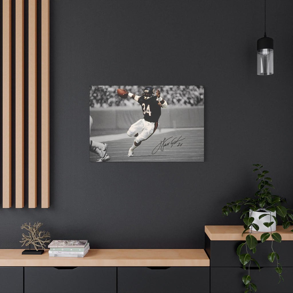 Walter Payton #34 Sweetness canvas wall art, medium size on a charcoal wall with wood slats