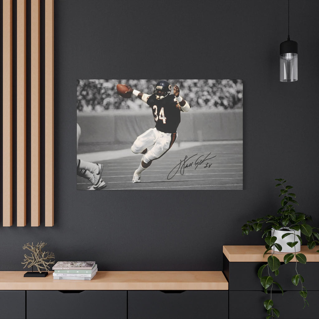 Walter Payton #34 Sweetness canvas wall art, large size on a charcoal wall with wood slats