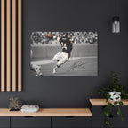 Walter Payton #34 Sweetness canvas wall art, large size on a charcoal wall with wood slats