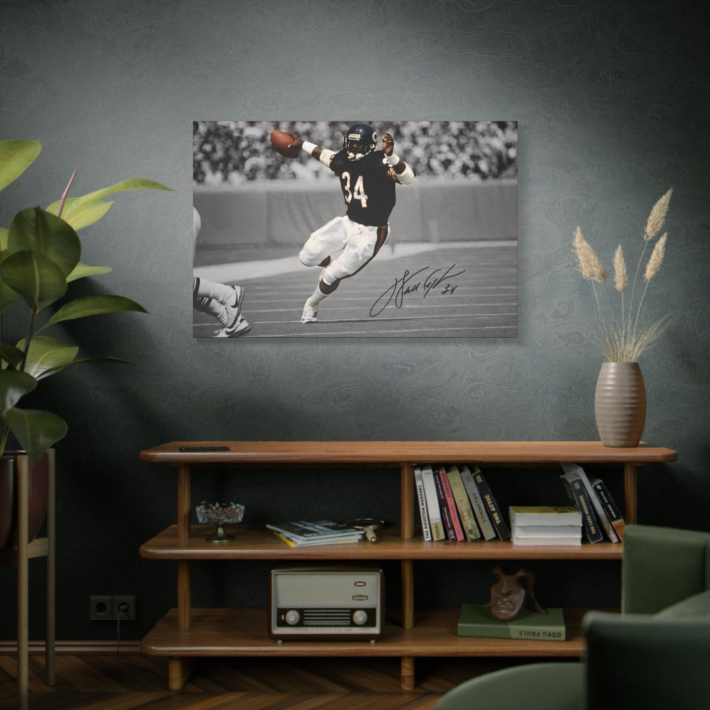 Walter Payton #34 Sweetness canvas wall art, black and white, on a green wall above a wooden bookshelf