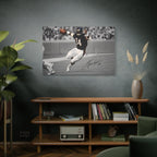 Walter Payton #34 Sweetness canvas wall art, black and white, on a green wall above a wooden bookshelf