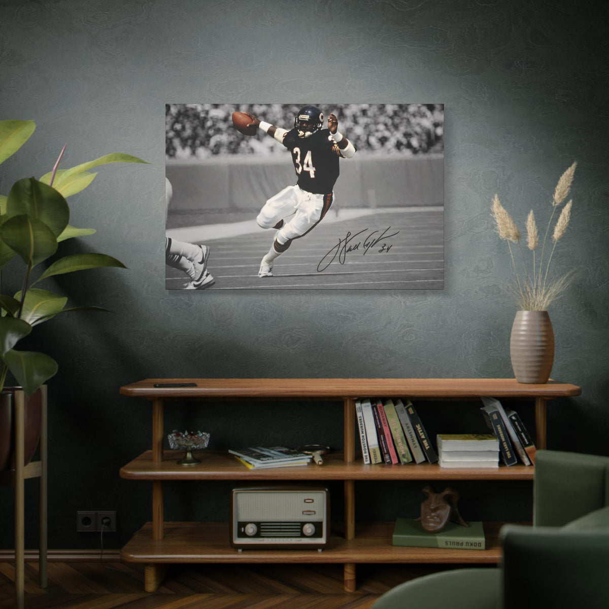 Walter Payton #34 Sweetness canvas wall art, black and white, on a green wall above a wooden bookshelf