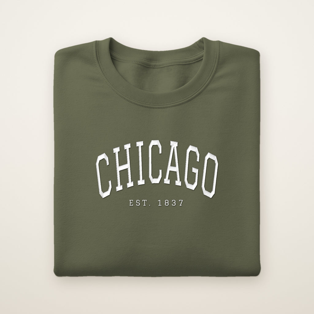 Chicago embroidered crewneck sweatshirt, Military Green, white embroidery