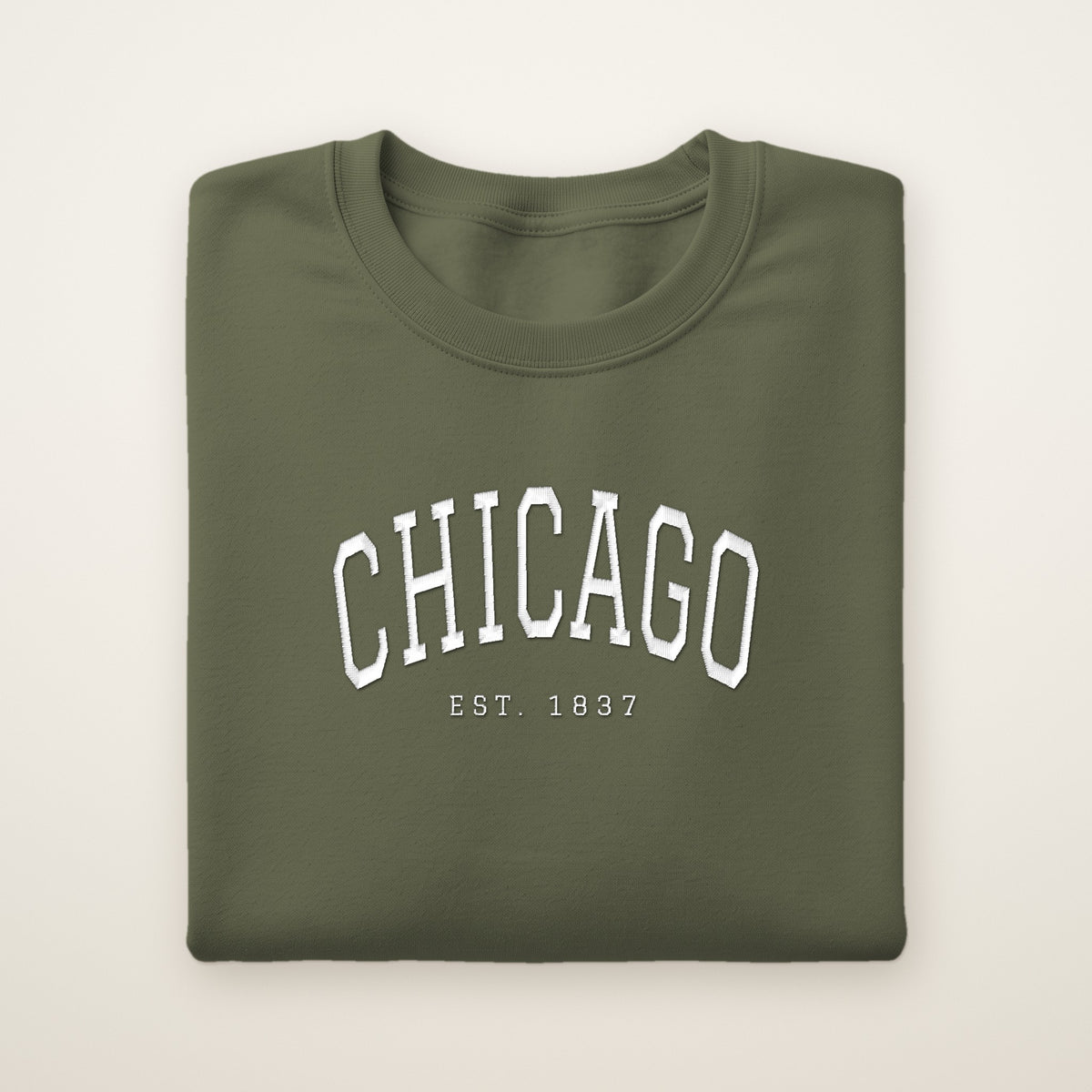 Chicago embroidered crewneck sweatshirt, Military Green, white embroidery