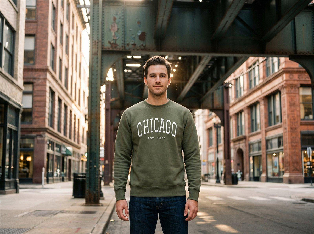 Chicago embroidered crewneck worn under the L tracks in Chicago