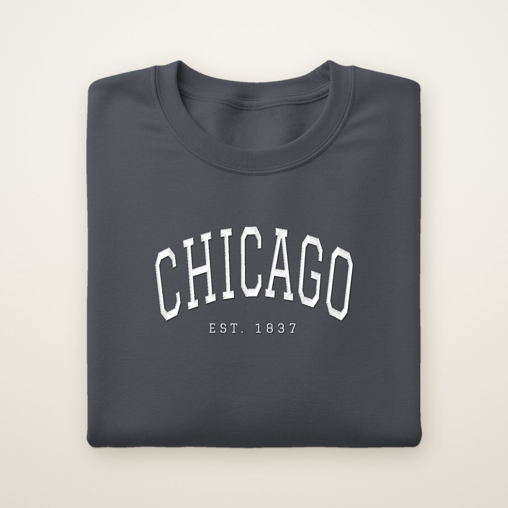 Chicago embroidered crewneck sweatshirt, Dark Heather, white embroidery
