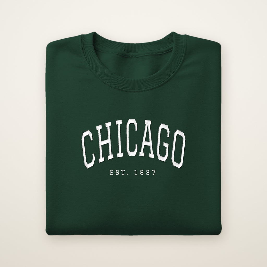 Chicago embroidered crewneck sweatshirt, Forest Green, white embroidery