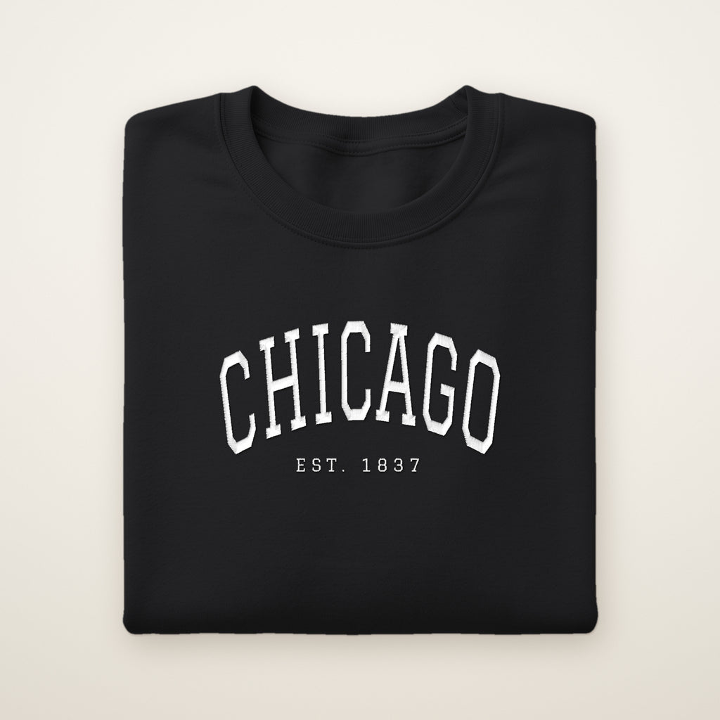 Chicago embroidered crewneck sweatshirt, Black, white embroidery