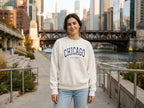 Chicago embroidered crewneck worn in Chicago, navy thread