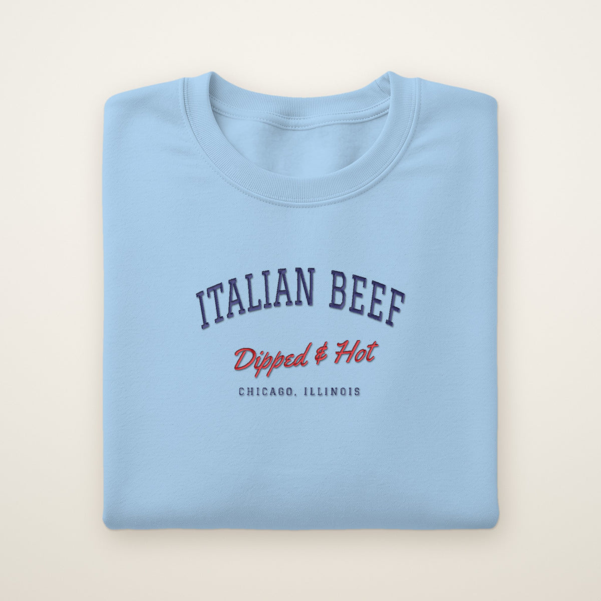 Italian Beef Chicago embroidered crewneck sweatshirt, Light Blue, navy and red embroidery