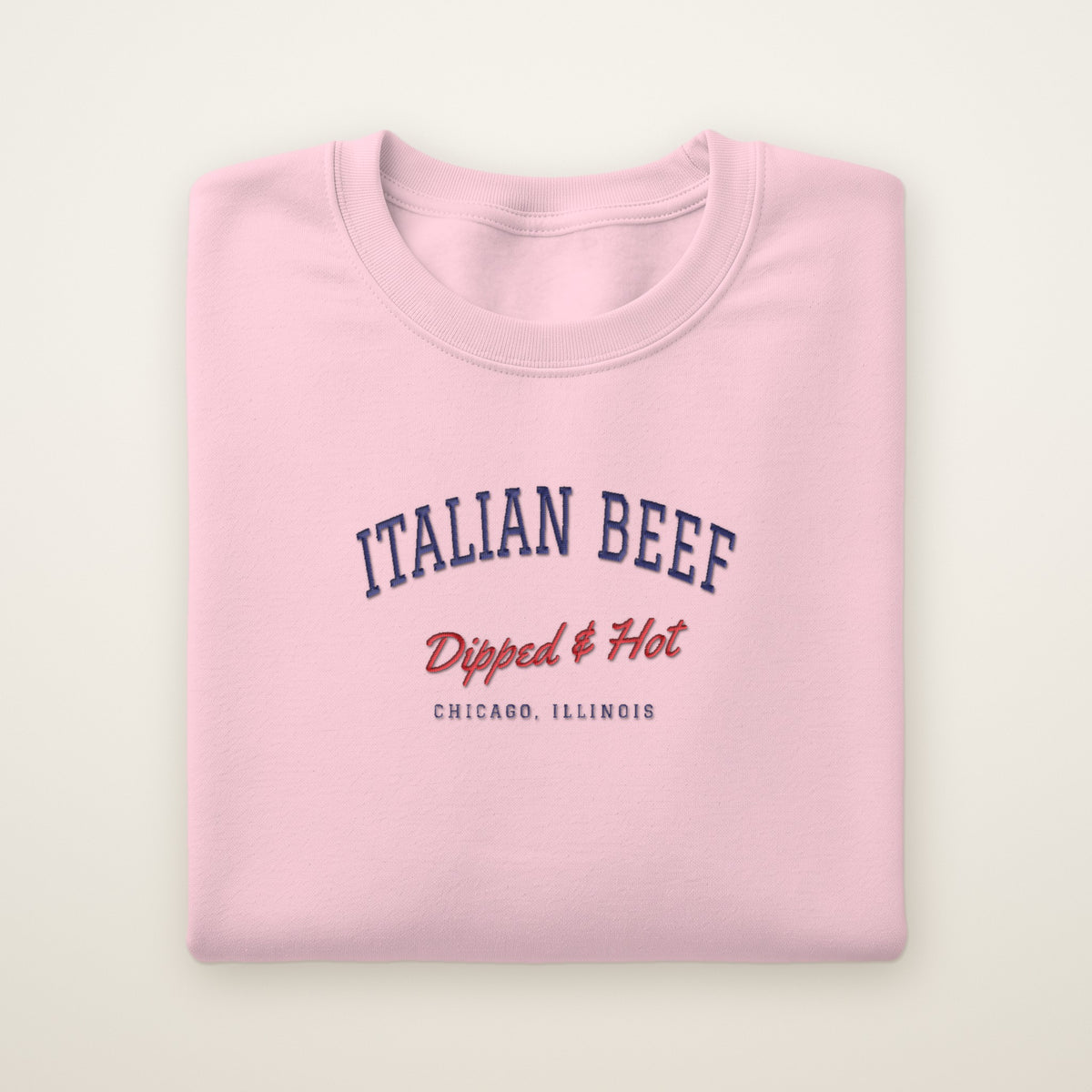 Italian Beef Chicago embroidered crewneck sweatshirt, Light Pink, navy and red embroidery