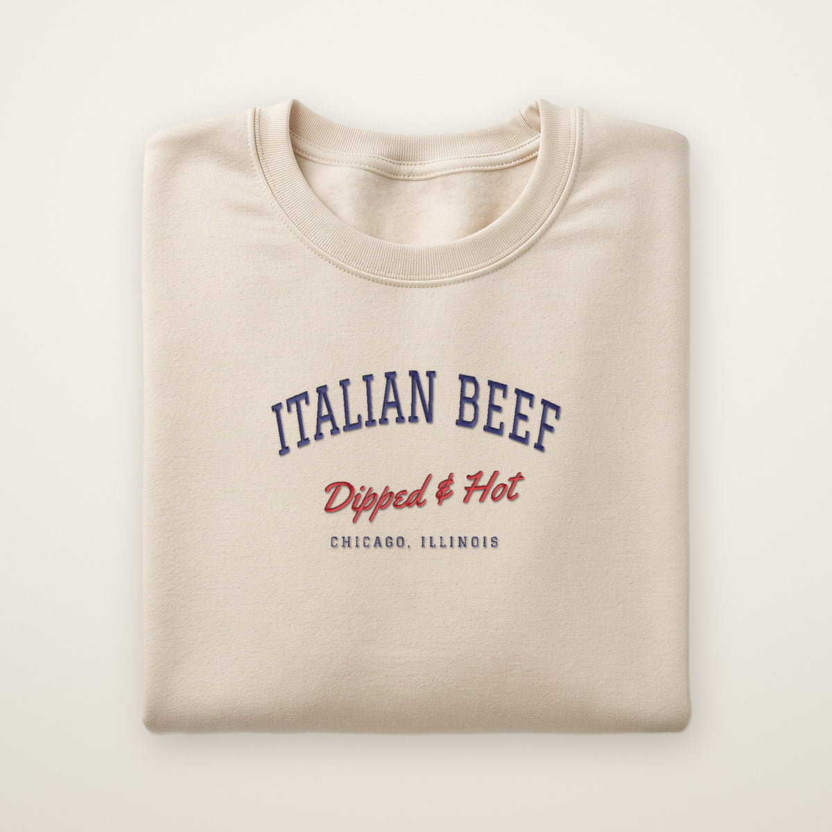 Italian Beef Chicago embroidered crewneck sweatshirt, Sand, navy and red embroidery