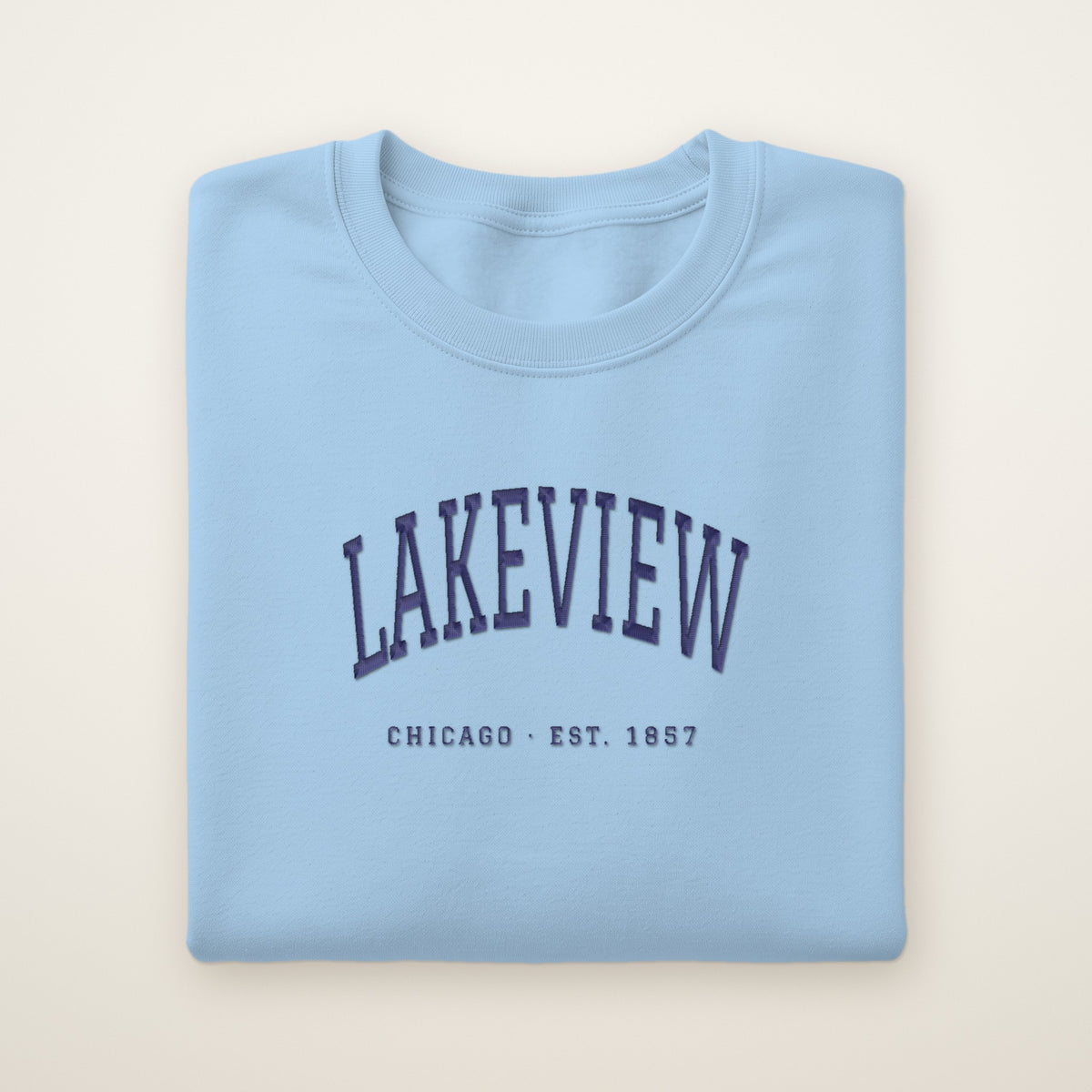 Lakeview Chicago embroidered crewneck sweatshirt, Light Blue, navy embroidery