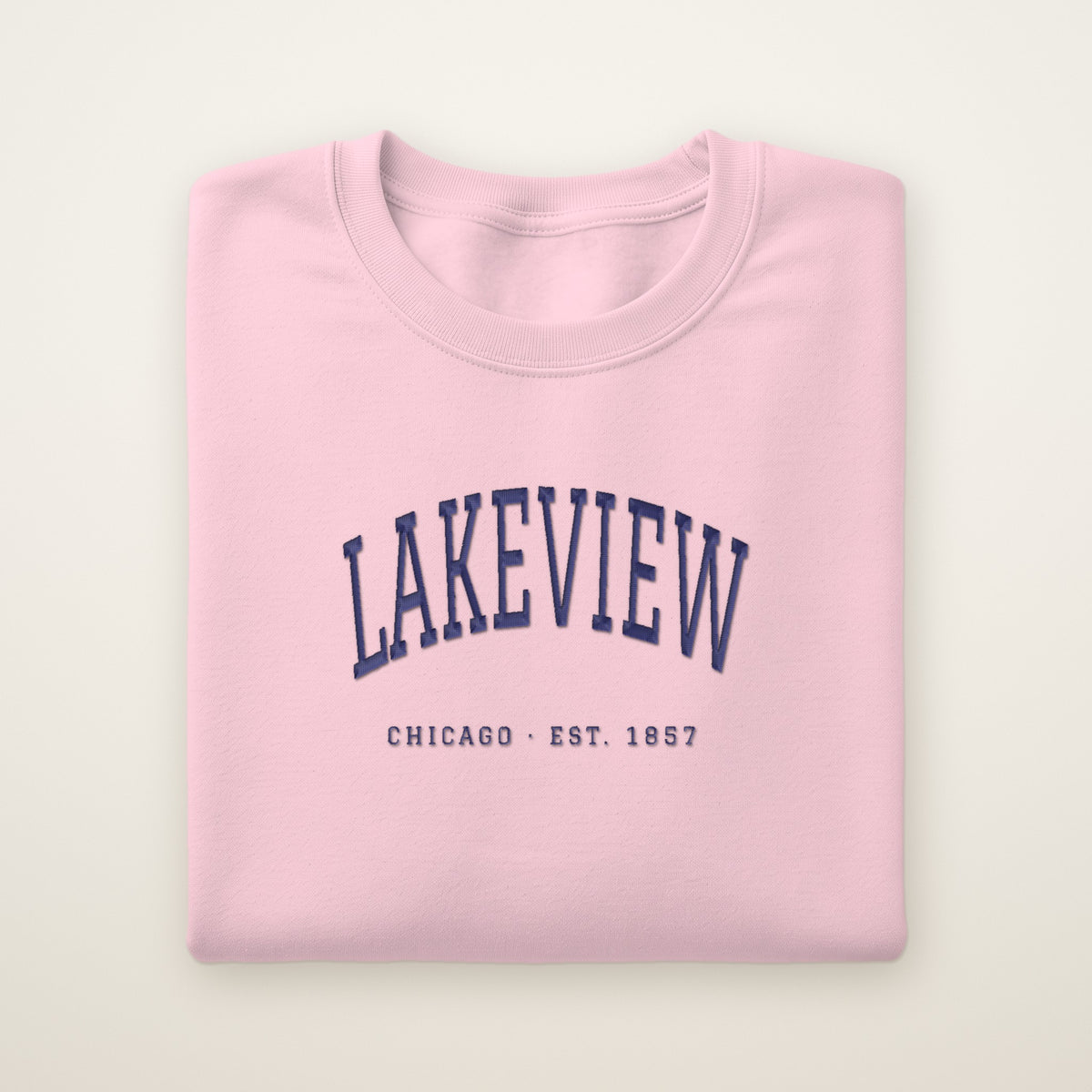 Lakeview Chicago embroidered crewneck sweatshirt, Light Pink, navy embroidery