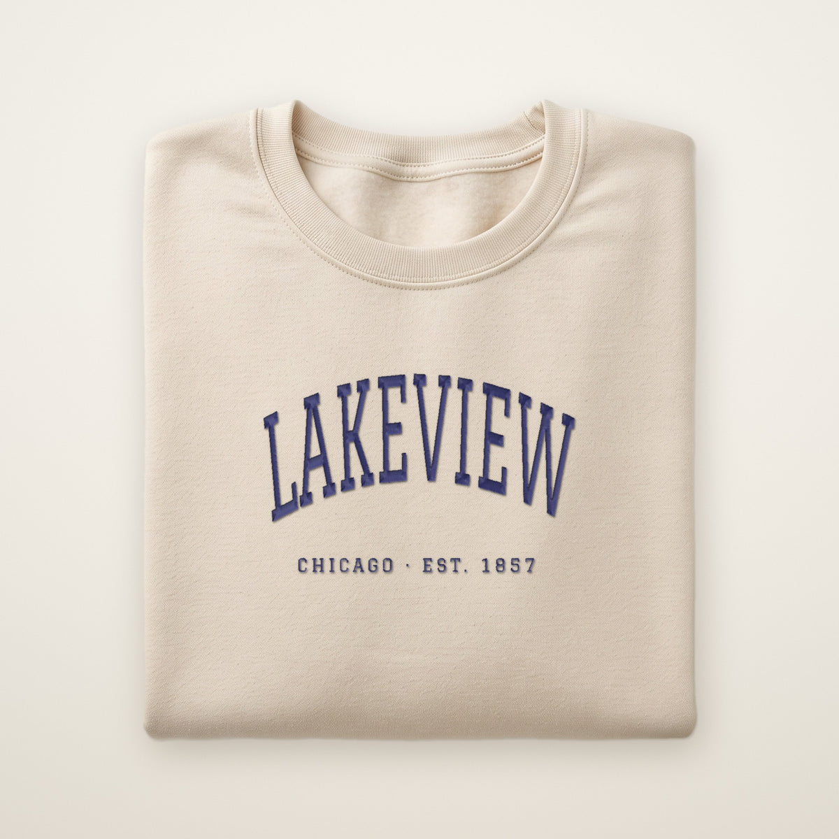 Lakeview Chicago embroidered crewneck sweatshirt, Sand, navy embroidery