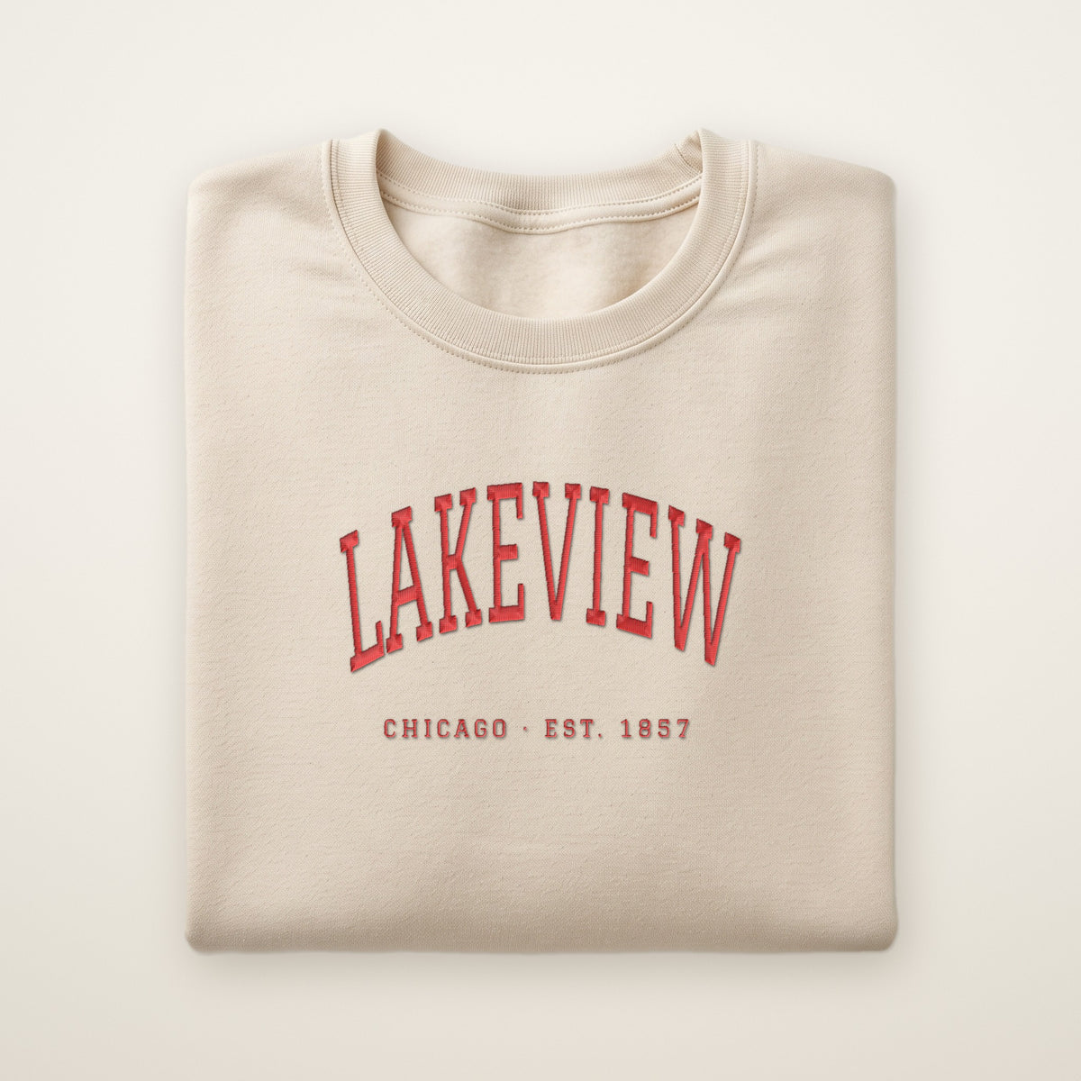 Lakeview Chicago embroidered crewneck sweatshirt, Sand, red embroidery