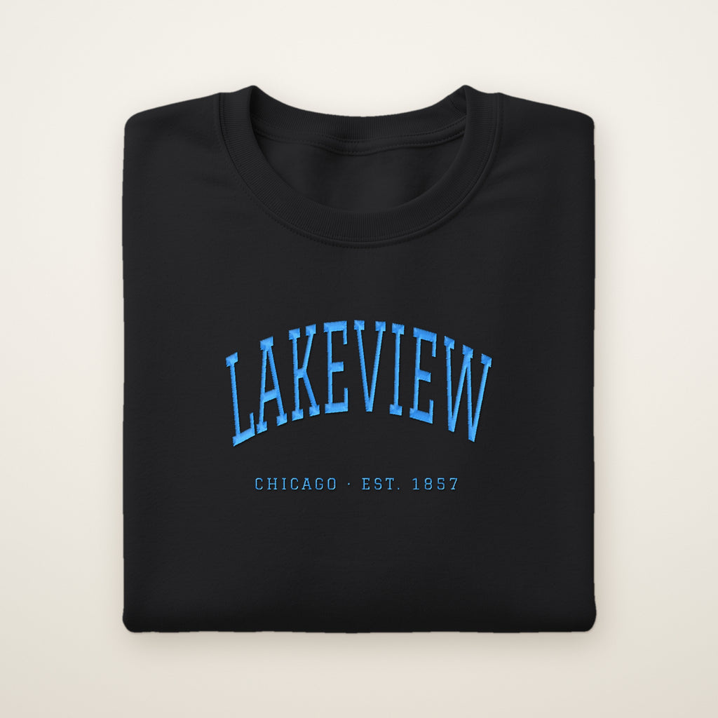 Lakeview Chicago embroidered crewneck sweatshirt, Black, sky blue embroidery